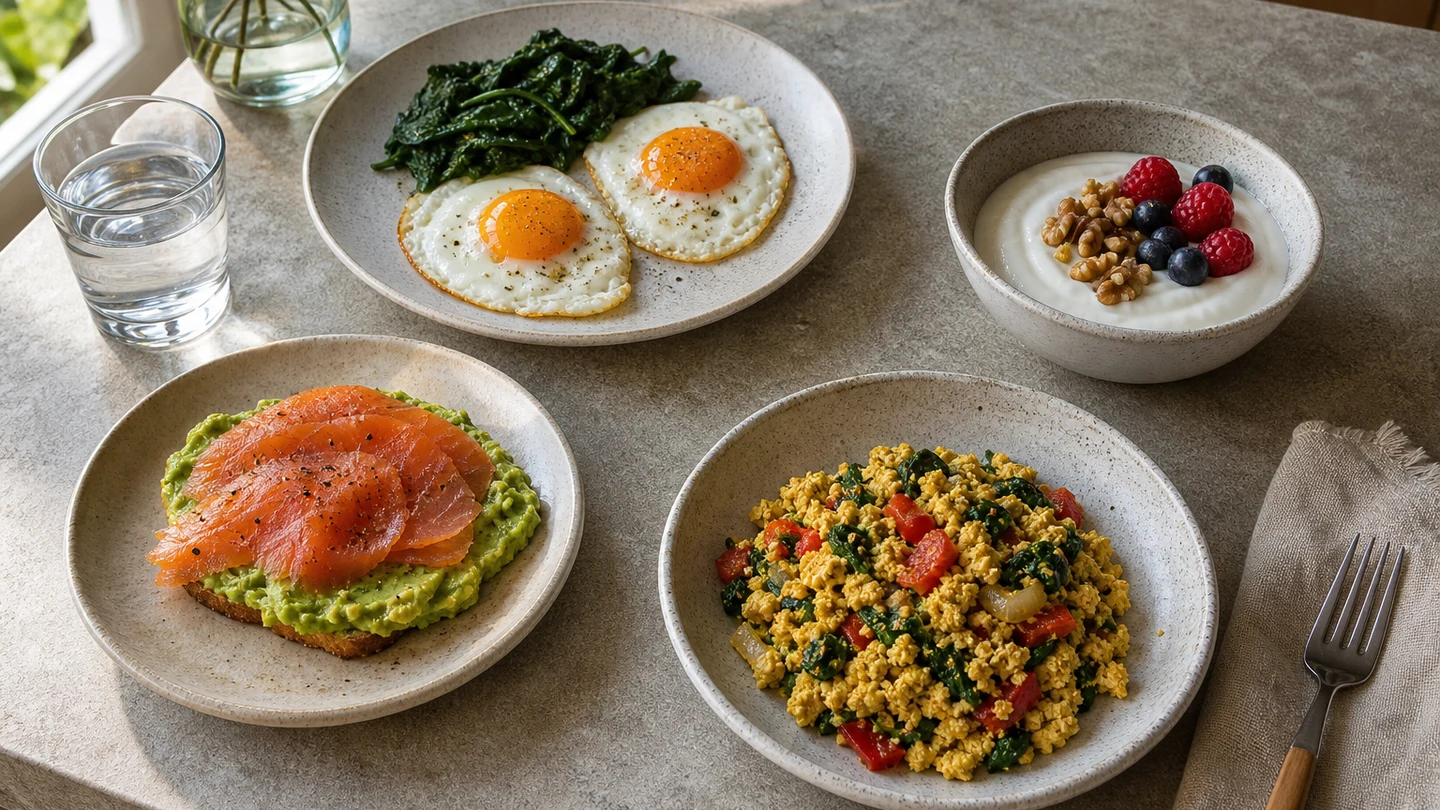 Four distinct low-carbohydrate breakfast formats on a morning table.