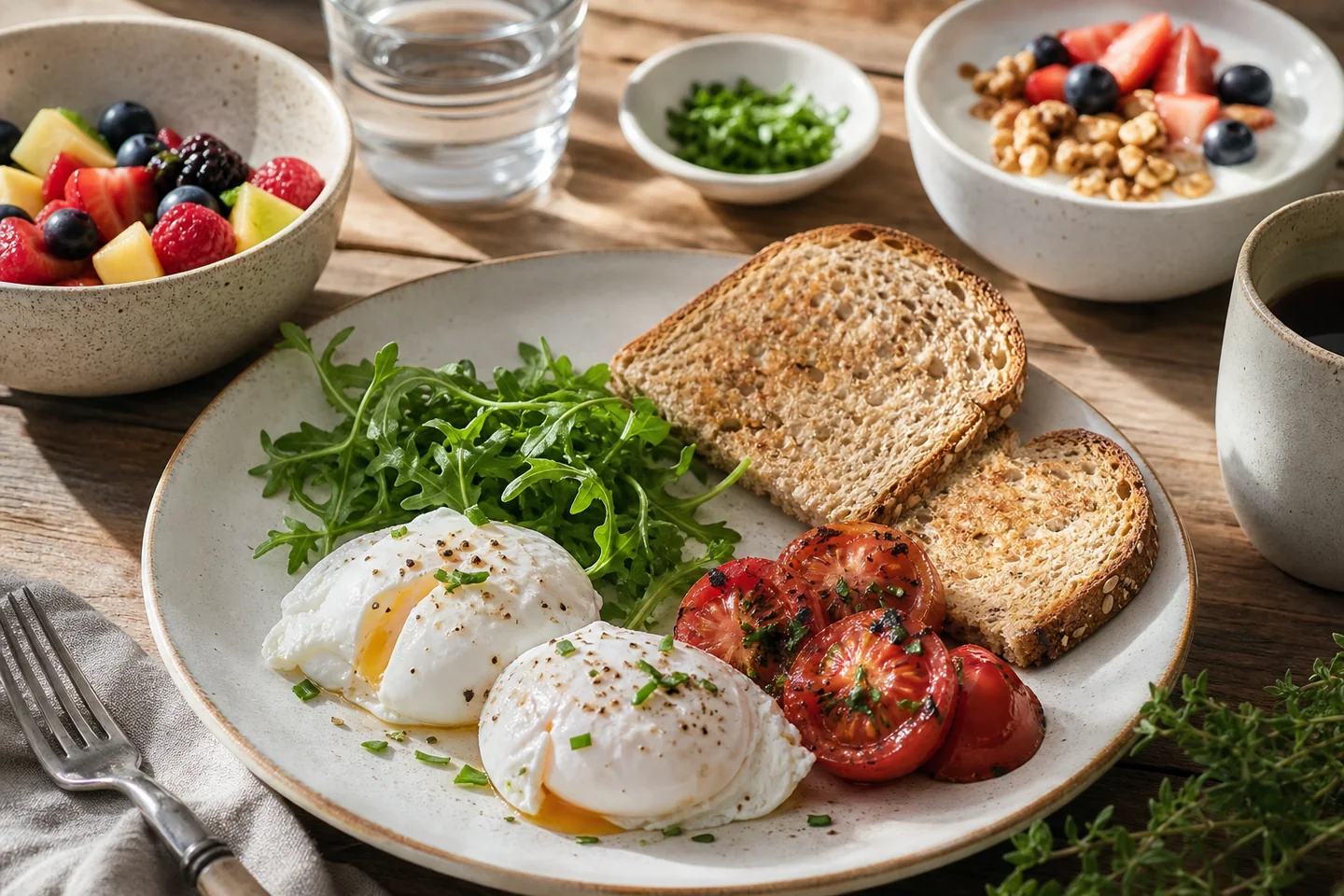 Low fat brunch table with eggs, vegetables, fruit and pancakes