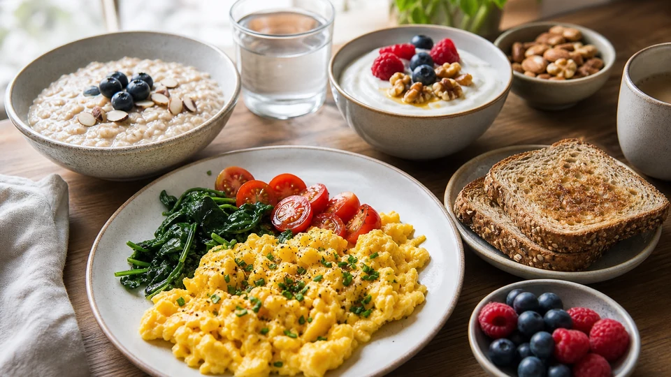 Low-added-sugar breakfast with eggs, plain yogurt, nuts, berries, toast, and oatmeal.