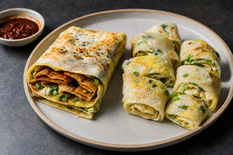 Finished jianbing-style filled crepe and sliced Taiwanese dan bing on a shared plate.