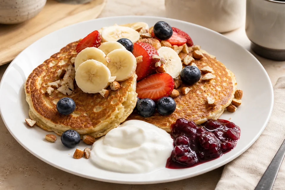 Finished pancakes with fruit, yogurt, nuts, and compote toppings.
