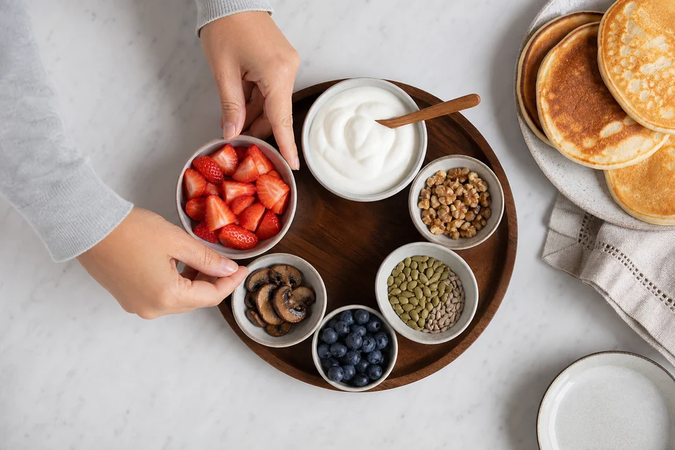 Small bowls of fruit, yogurt, nuts, seeds, and mushrooms arranged for topping pancakes.