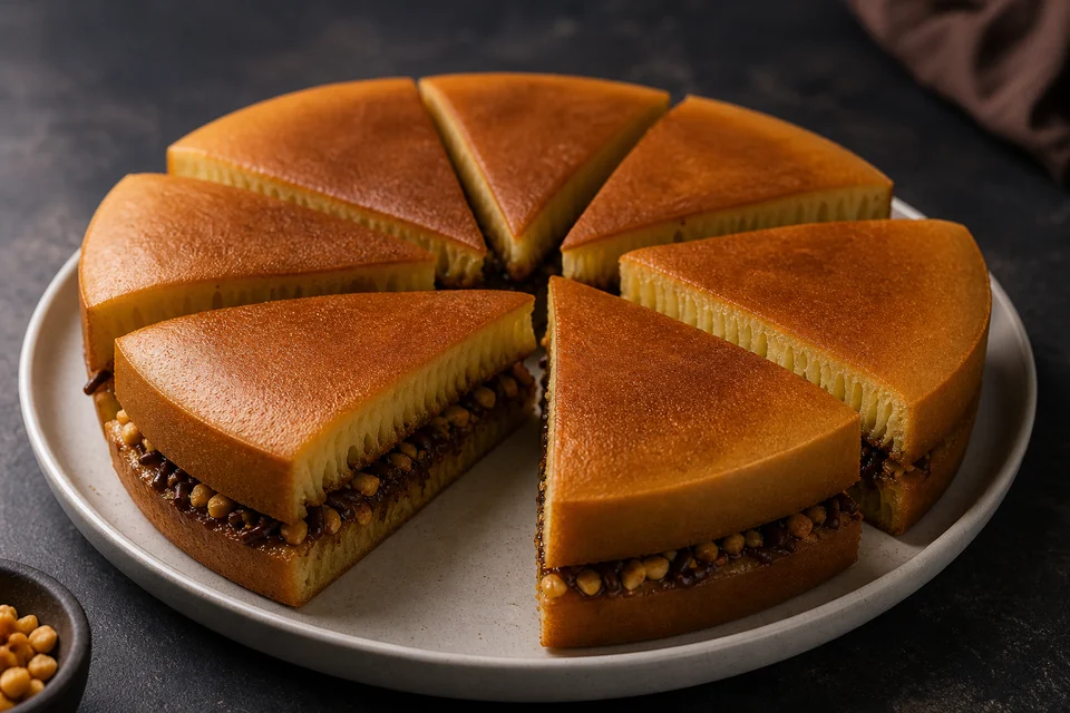 Finished sweet martabak manis wedges with peanut and chocolate filling.