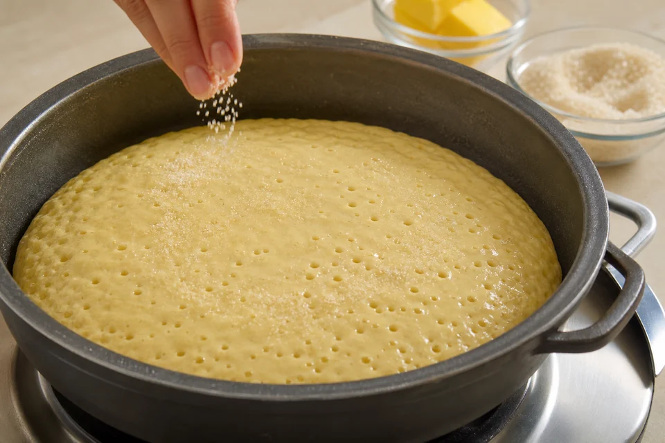 Thick martabak manis batter bubbling in a round pan as a small amount of sugar is added.