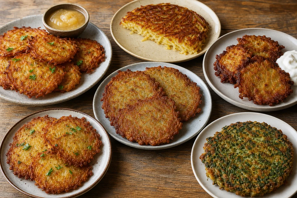 Finished spread of varied European and Middle Eastern potato pancakes including crisp grated cakes and a rösti wedge.