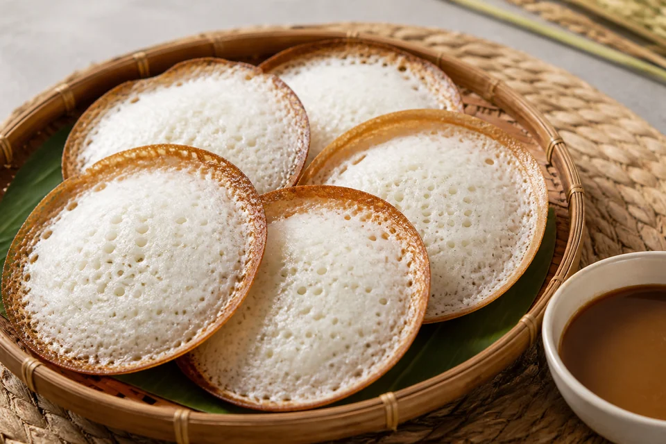 Finished Indonesian serabi with pale centers, browned rims, and palm-sugar coconut sauce.