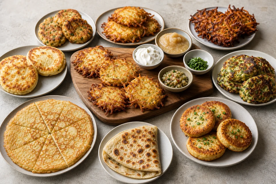 Representative tasting board with several crisp, smooth, rustic, thin and folded potato pancake forms