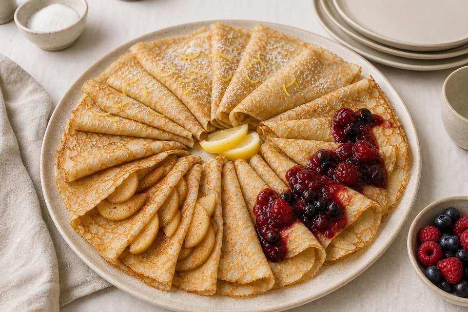 A finished platter of thin vegan gluten-free French-style crepes folded with fruit, lemon, chocolate, and savory fillings.