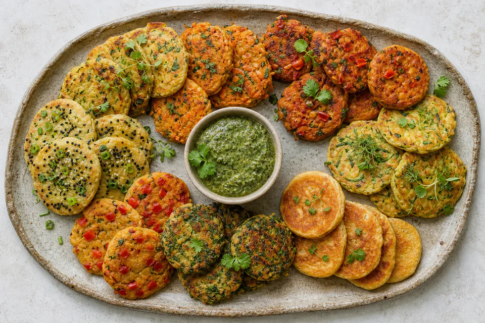 Assorted vegan chickpea pancakes with vegetables, herbs, spices, and a green herb dip