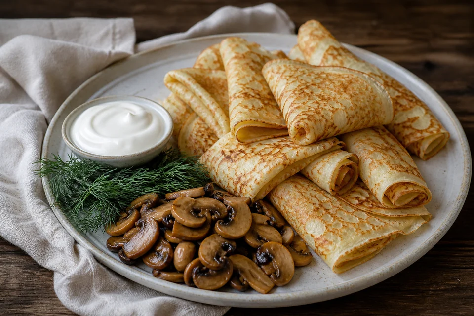 Finished thin blini with sour cream, dill, and mushrooms.