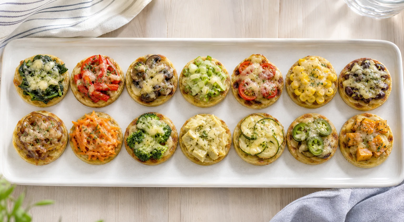 Exactly fourteen finished vegan cheesy savory mini pancakes in two rows
