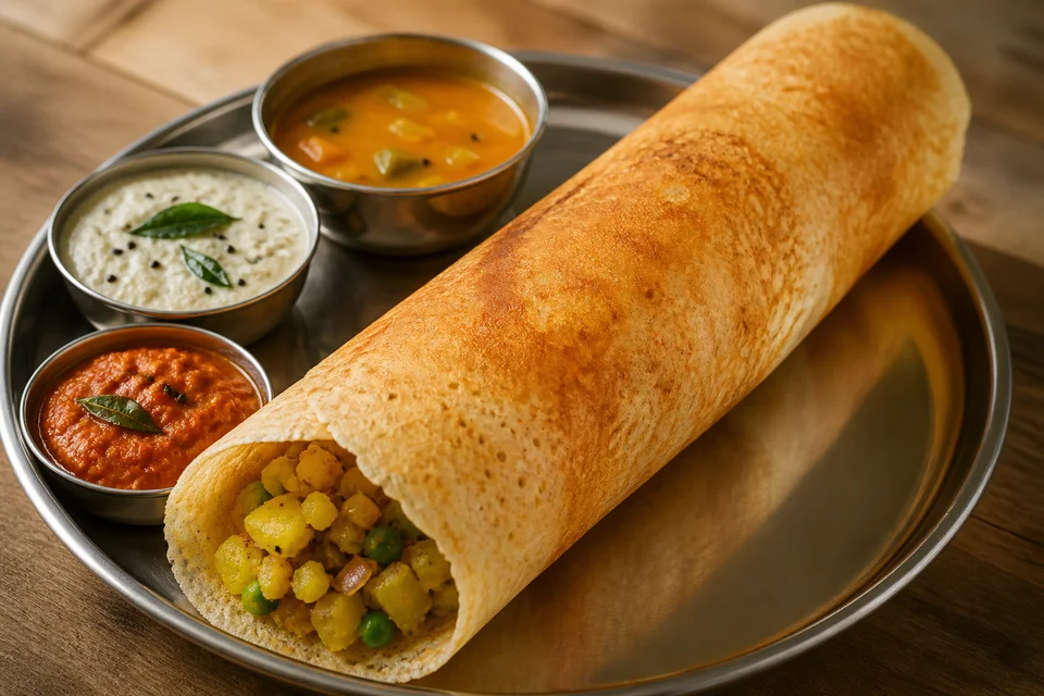 A crisp rolled vegan masala dosa with visible potato filling, chutneys, and sambar on a steel thali.