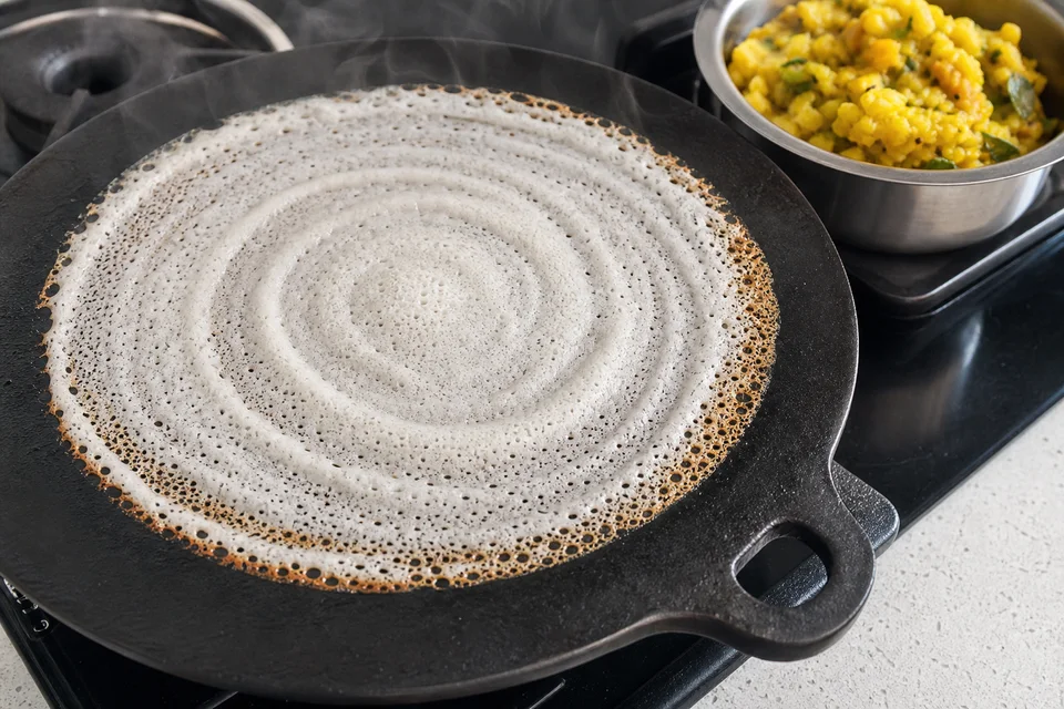 Fermented dosa batter spread in a thin spiral on a hot tawa beside cooked potato masala.