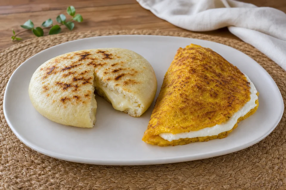 A finished arepa and a yellow fresh-corn cachapa served side by side.