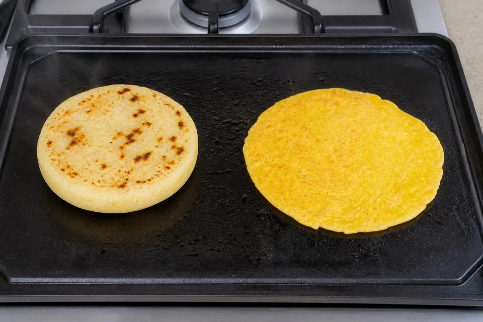 A white arepa patty and a yellow fresh-corn cachapa cooking side by side.