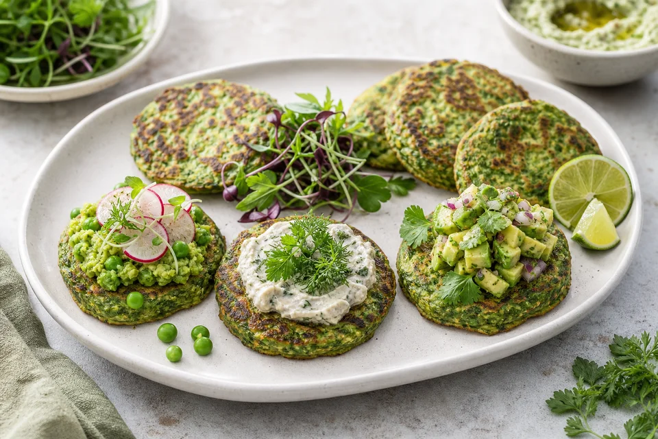 A stack of green vegan pancakes with spinach, peas, herbs, avocado, seeds, and several savory green toppings arranged around the plate.
