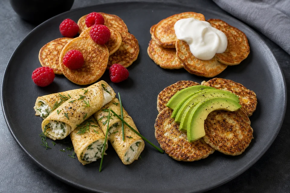 Varied platter of small almond and coconut flour pancakes with restrained berry, herb, and savory toppings.