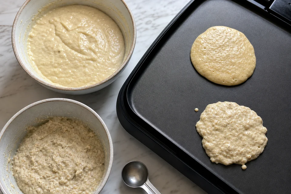 Three small low-carbohydrate pancake batters tested on a griddle to compare spread, bubbles, and browning.