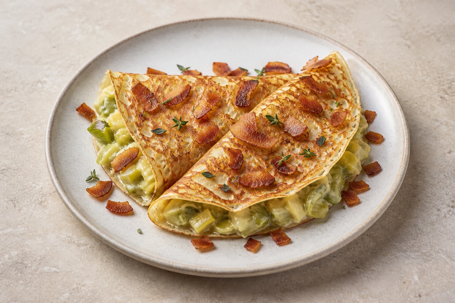 Finished savoury crepes filled with leek fondue and topped with crisp coconut bacon and thyme.