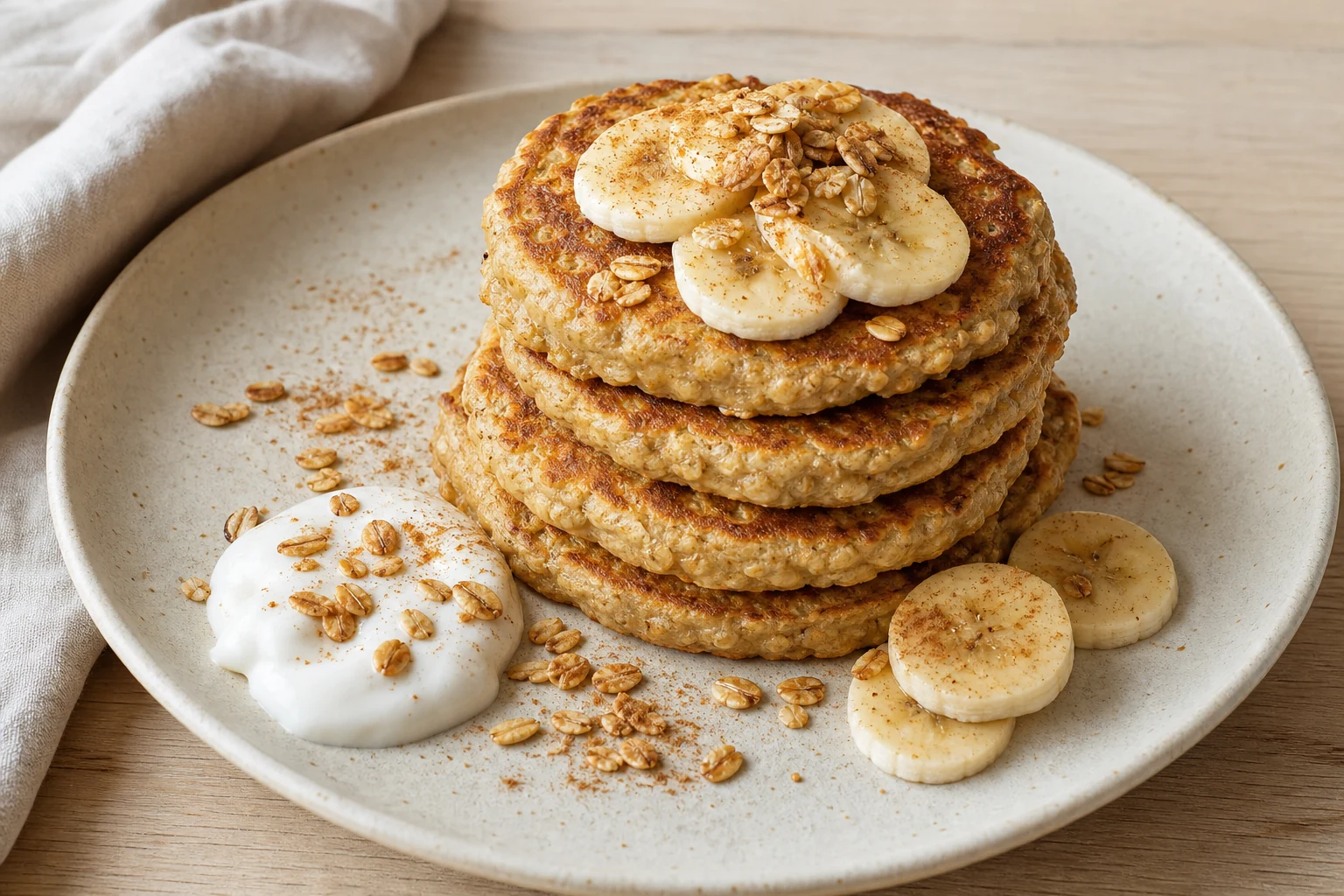 Finished banana oat pancake stack with sliced banana, toasted oats, cinnamon, and plain yogurt.