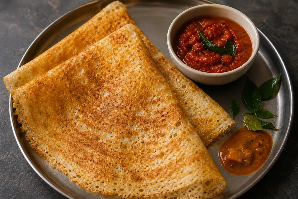 Thin folded dosa-style Indian crepes served with vivid cooked tomato chutney and curry leaves.