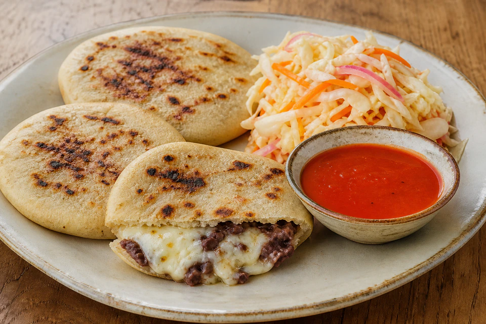 Finished pupusas with bean and cheese filling, curtido, and tomato sauce.