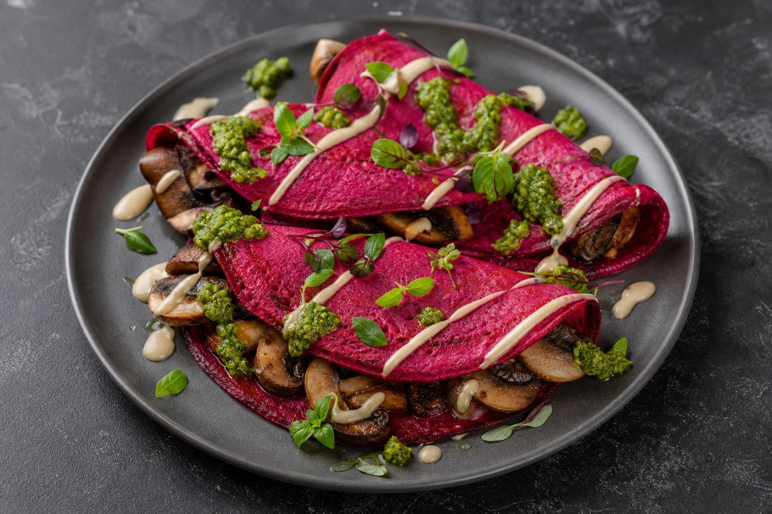 Finished beetroot crepes folded around browned mushrooms with green pesto and a tahini drizzle.