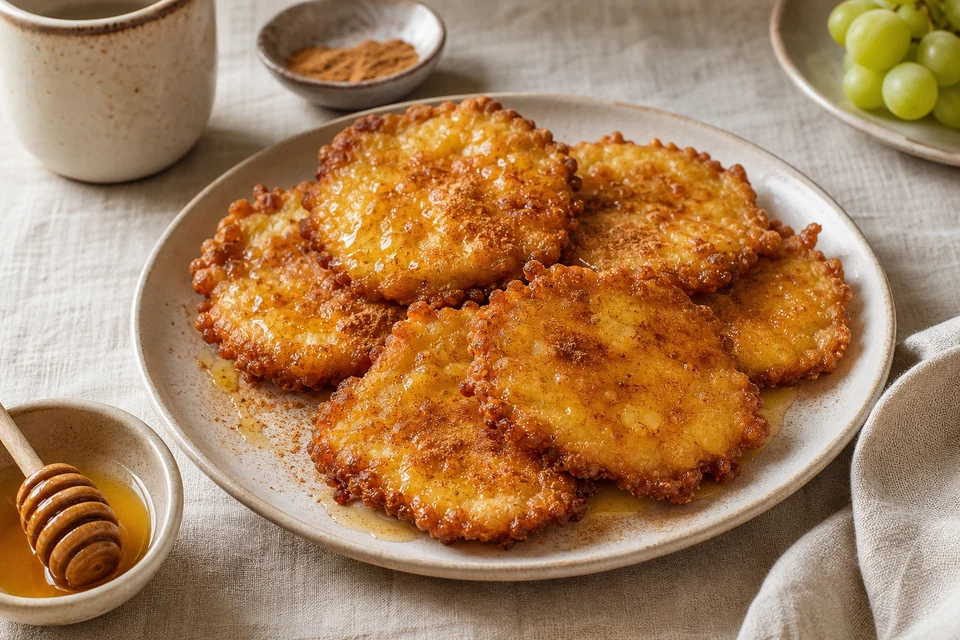 Finished Greek tiganites with honey and cinnamon.