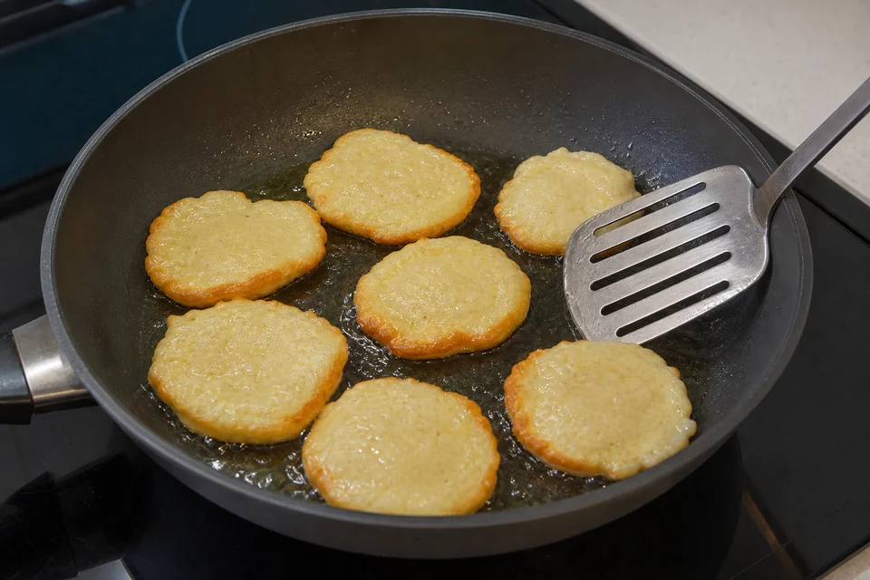 Small tiganites frying with set golden edges in a shallow layer of oil.