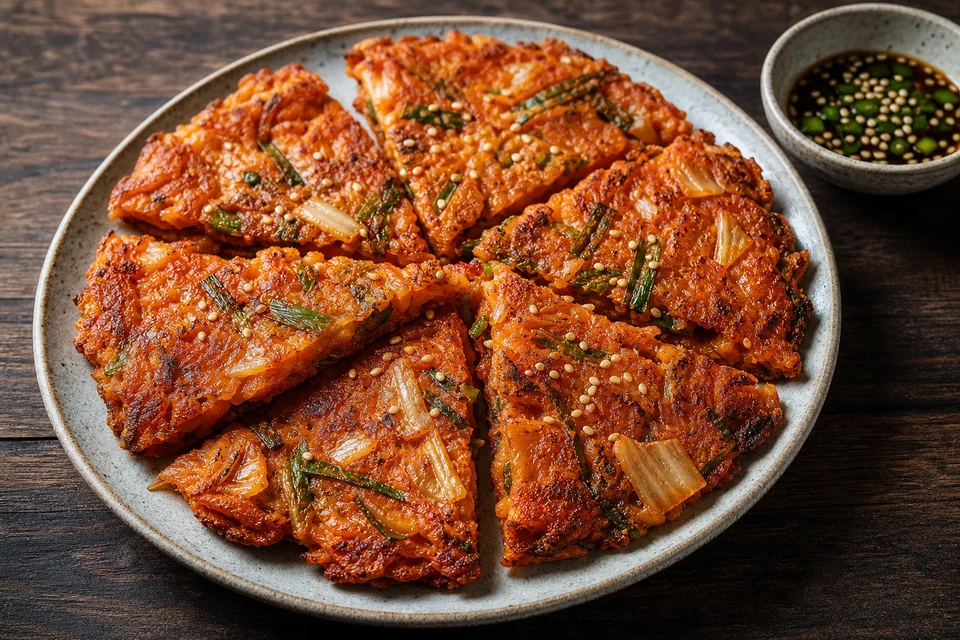 Crisp red-orange vegan kimchi pancakes cut into wedges with visible cabbage and scallions beside a soy-vinegar dipping sauce.