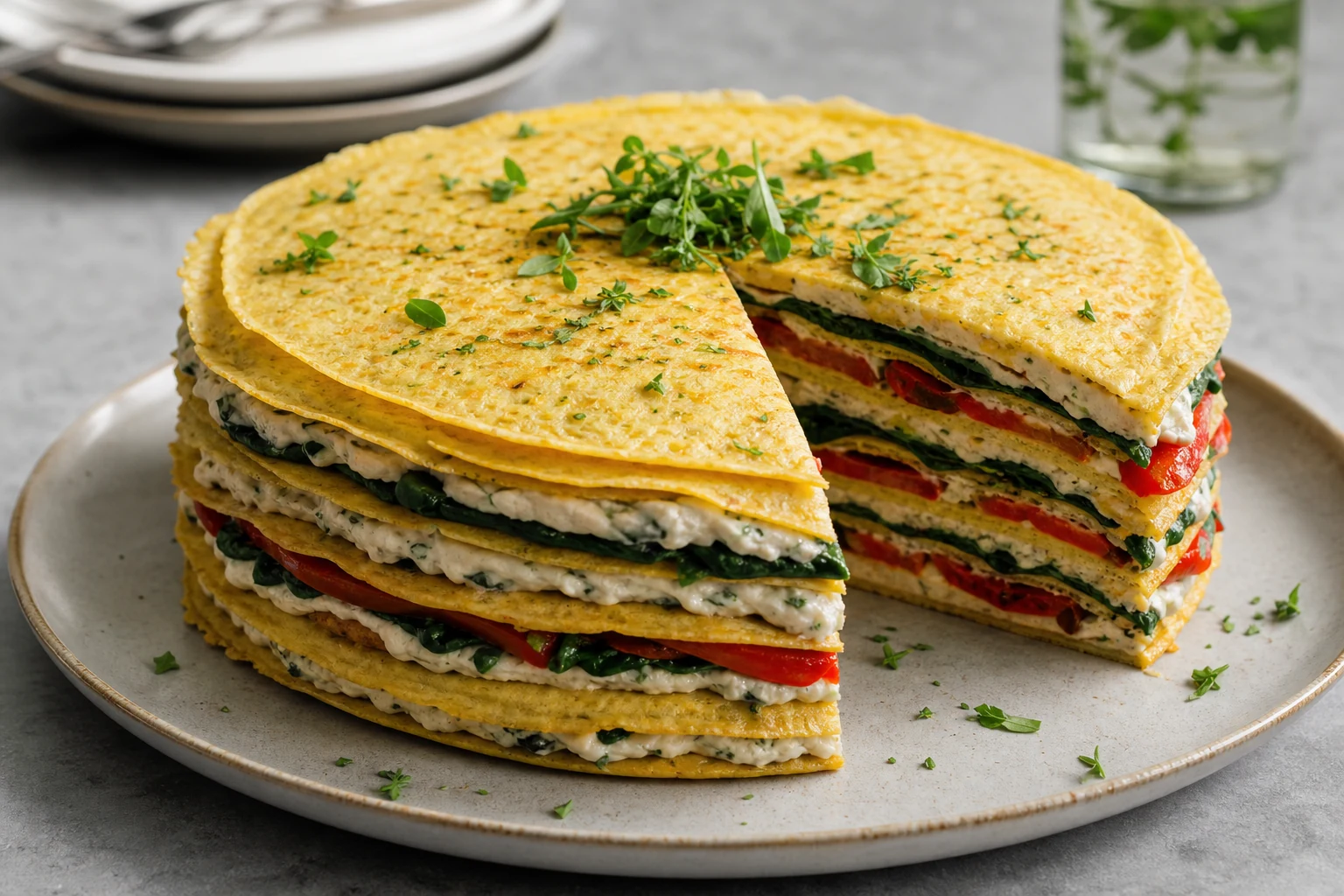 A sliced savoury chickpea crepe cake with colourful vegetable and herb layers.