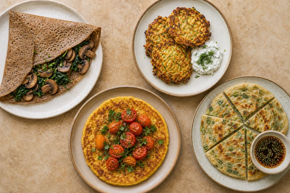 Overhead spread of four finished savoury pancake dishes: a filled buckwheat crepe, vegetable fritters, a chickpea pancake with tomatoes, and scallion pancake wedges.