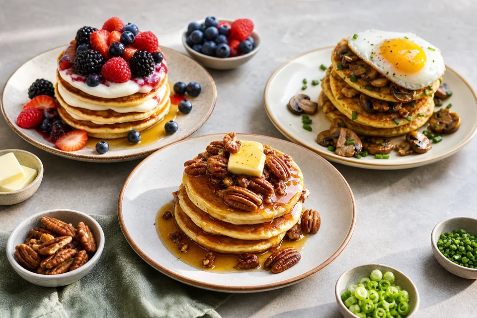 Three finished mini pancake stacks with berry, pecan-maple, and savory mushroom toppings
