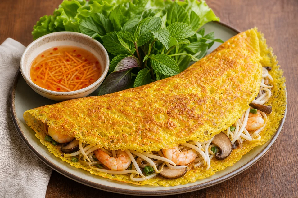 Crisp folded bánh xèo filled with shrimp, mushrooms, and bean sprouts beside lettuce, herbs, and dipping sauce.