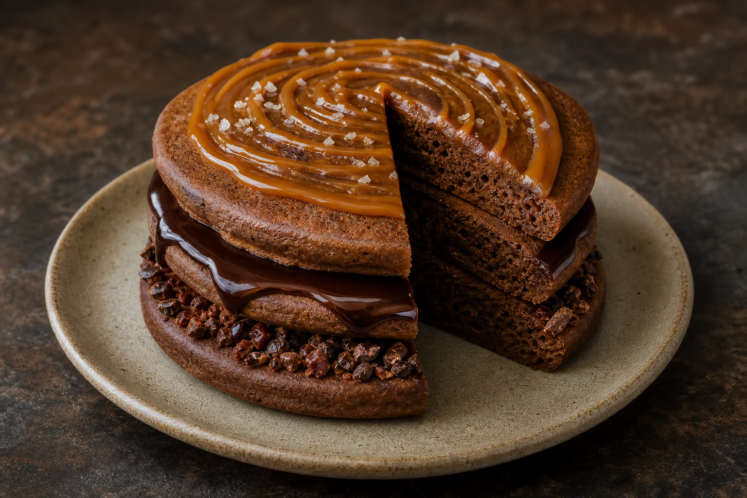 Finished chocolate pancake stack with glossy caramel drizzle and dark chocolate curls.