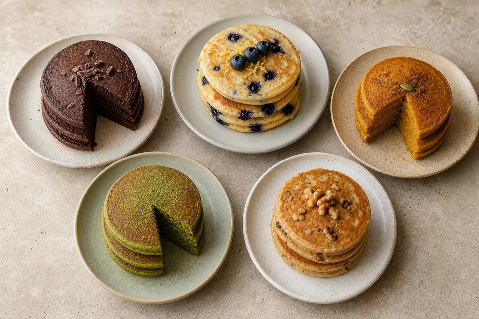 Overhead tasting flight of five small finished pancake stacks with cocoa, blueberry-lemon, pumpkin-spice, matcha, and banana-walnut batters.