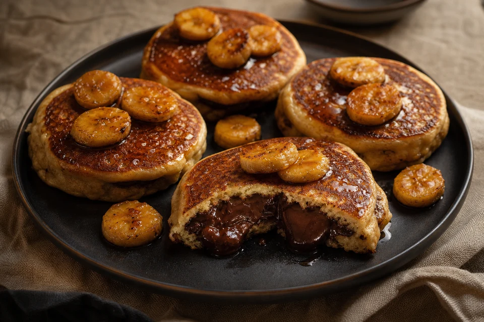 Four finished chocolate-stuffed pancakes with caramelised banana and one cut open to reveal a molten dark-chocolate centre.