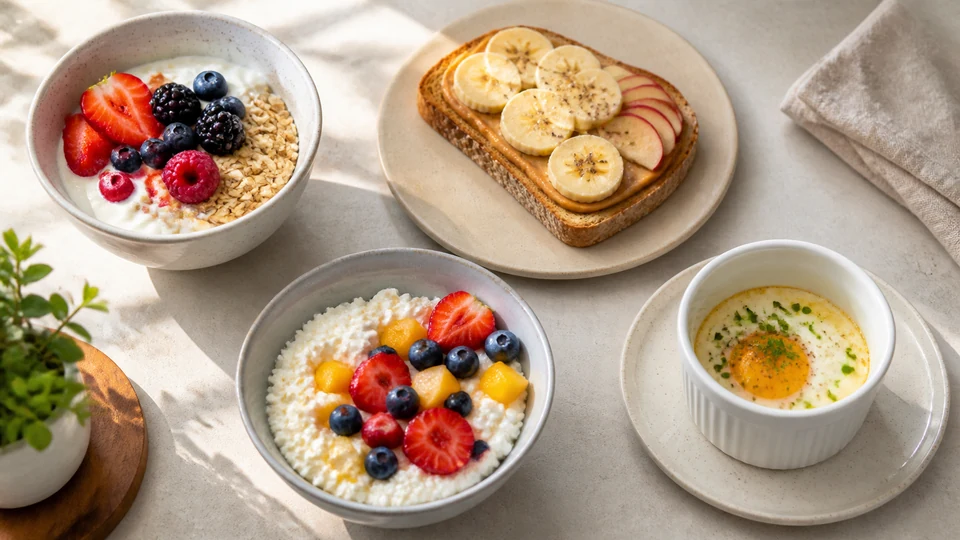 Editorial breakfast scene illustrating 4 instant breakfast recipes.
