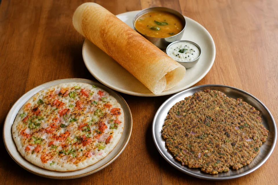 A crisp rolled dosa, a thick vegetable-topped uttapam, and a rustic herb-speckled thalipeeth served together on a metal platter.