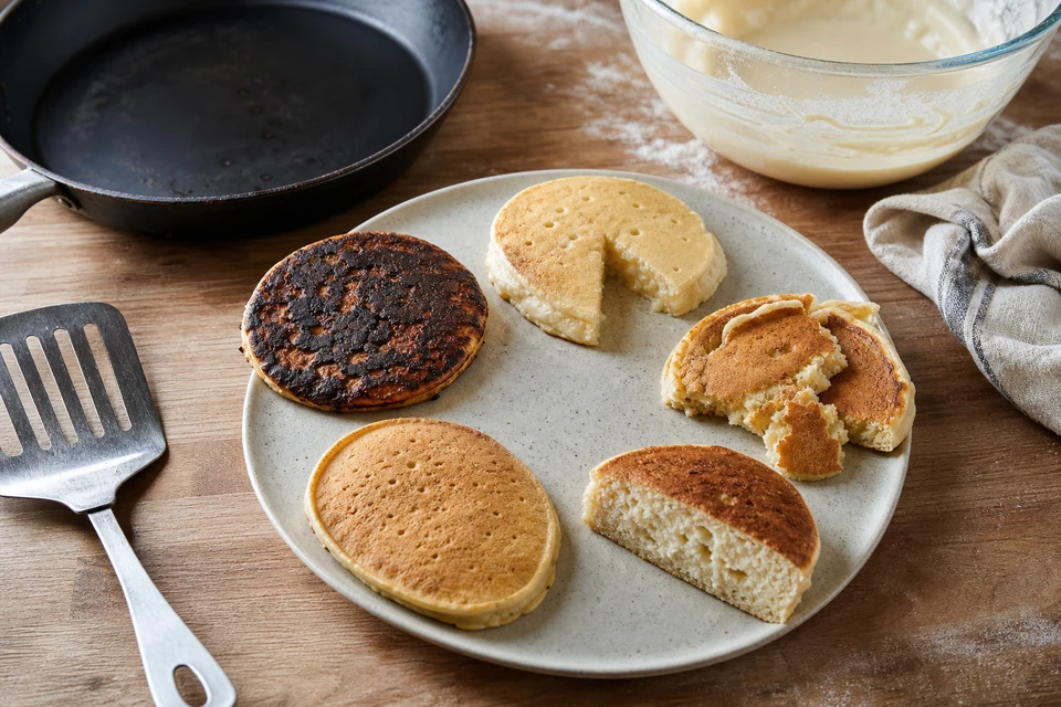 Five visibly different pancake failures arranged on a kitchen worktop: burnt, wet-centred, broken, flat and dense.