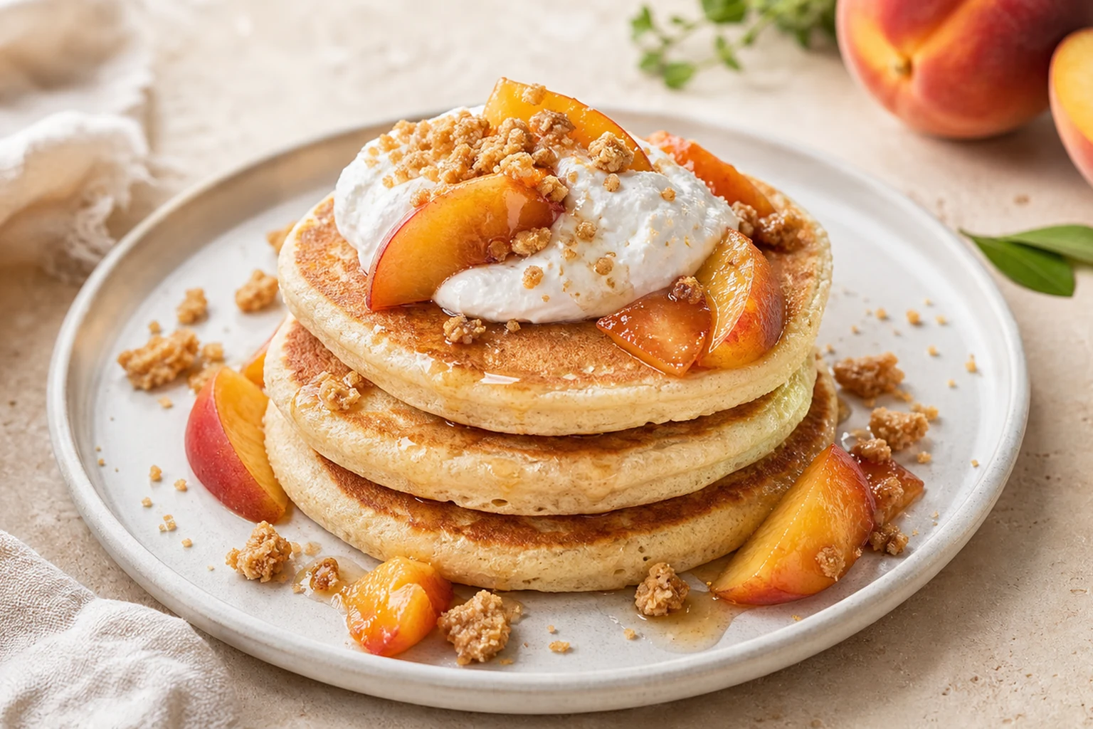 Finished vegan pancakes with fresh peach slices and a soft spoonful of plant-based cream.