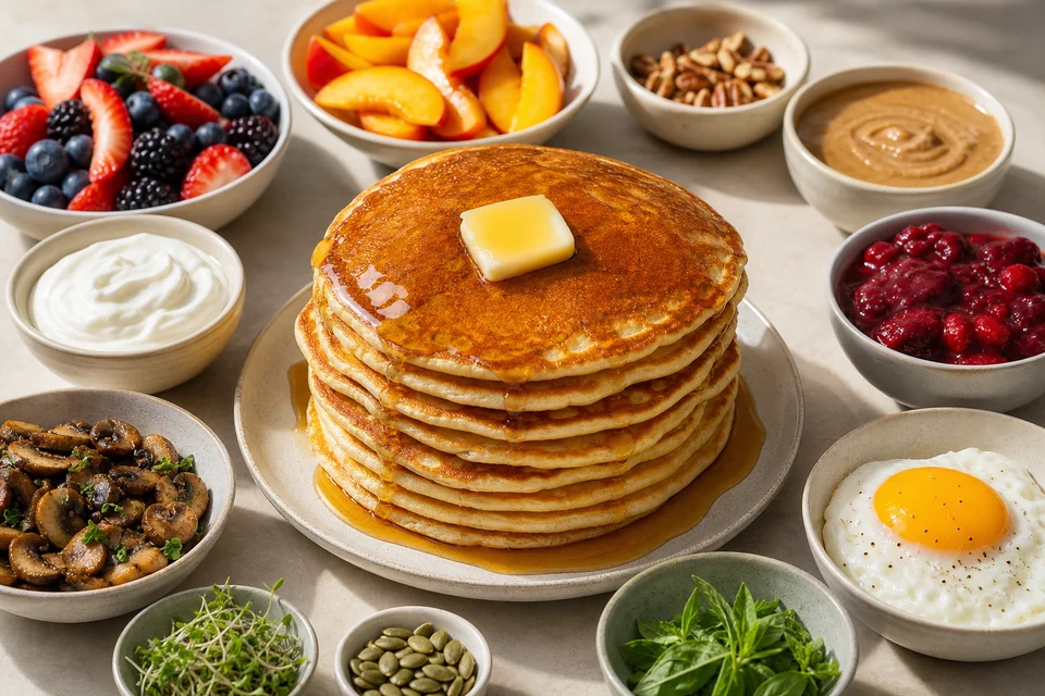 Finished pancake stack surrounded by fruit, creamy, crunchy, and savory topping choices