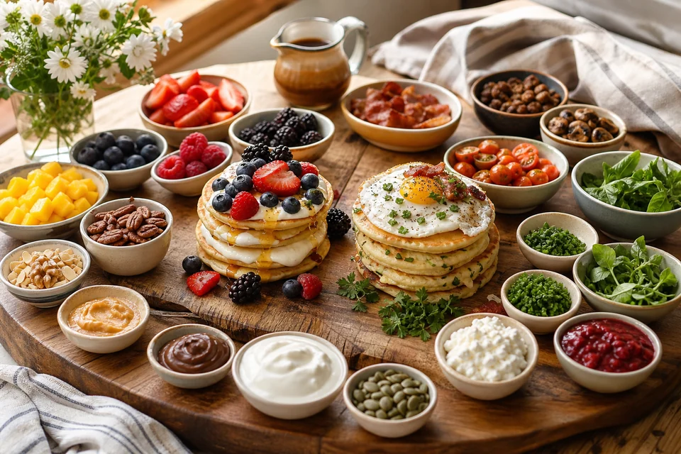 Two finished pancake stacks with organized sweet and savory build-your-own toppings