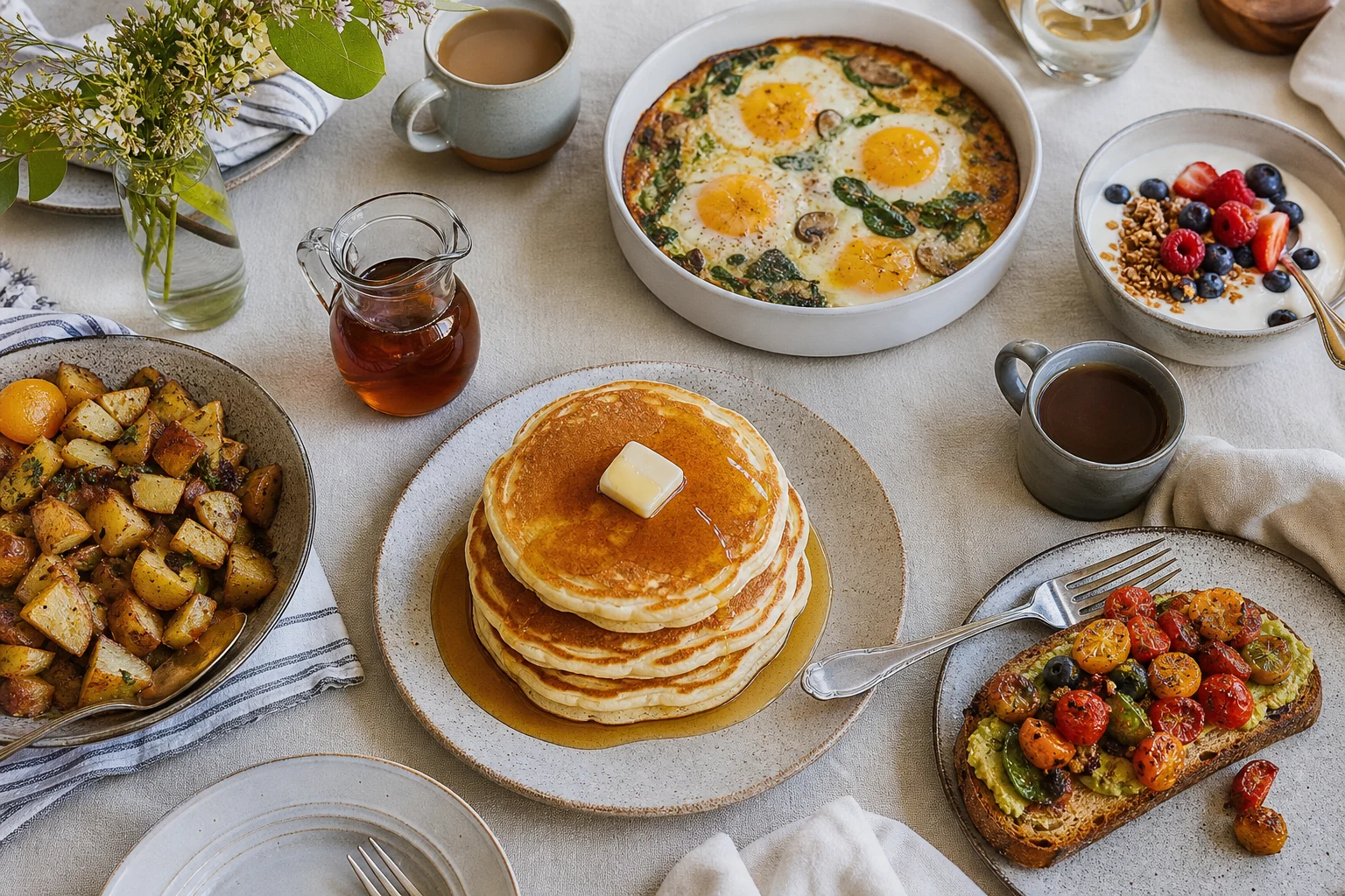 A finished weekend brunch table with pancakes, eggs, fruit, baked dishes, and drinks.