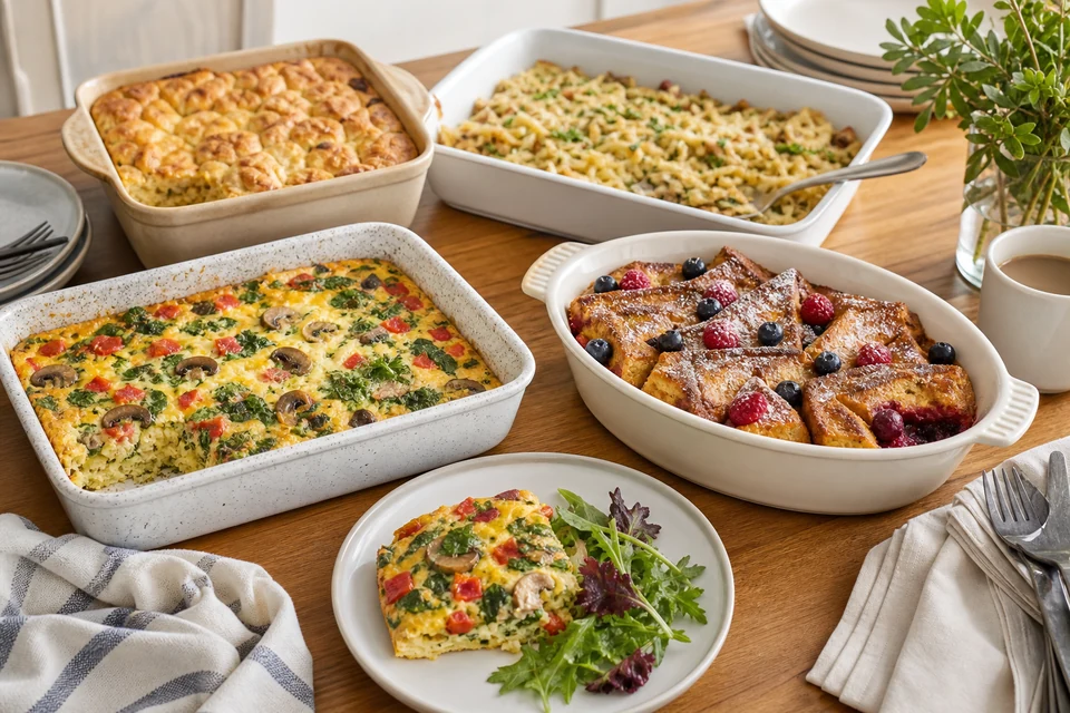 A finished breakfast table with egg and vegetable casserole, berry French-toast bake, potato casserole, and pancake bake.