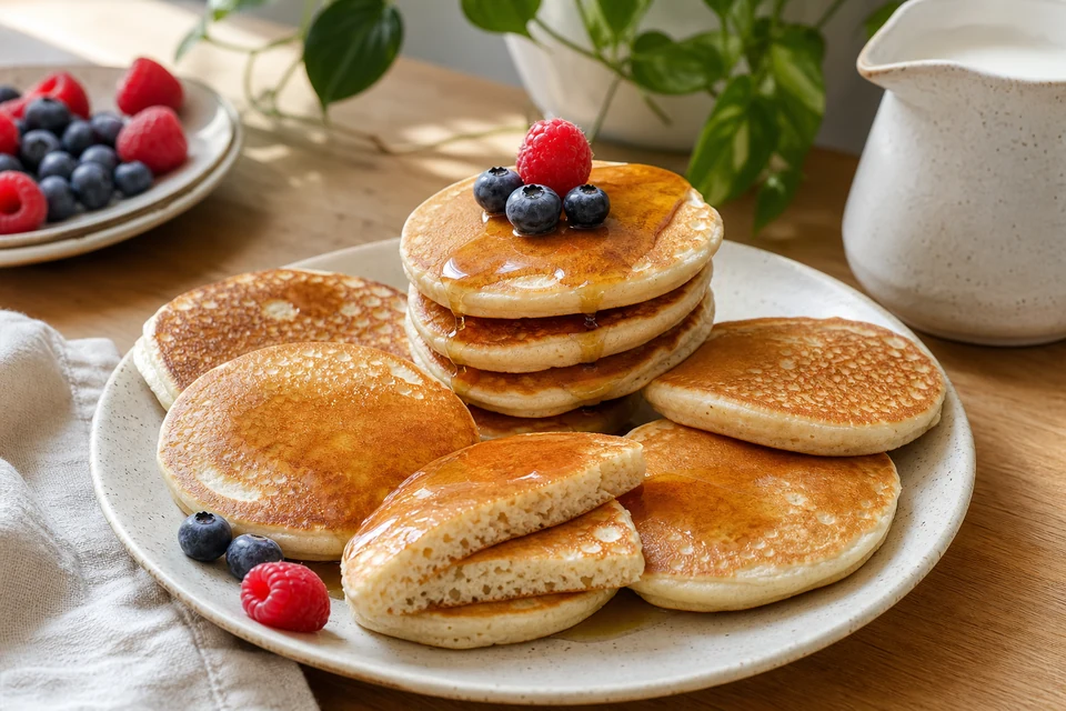 Finished fluffy vegan pancakes with golden surfaces, berries, syrup, and one cut pancake showing an airy cooked crumb.