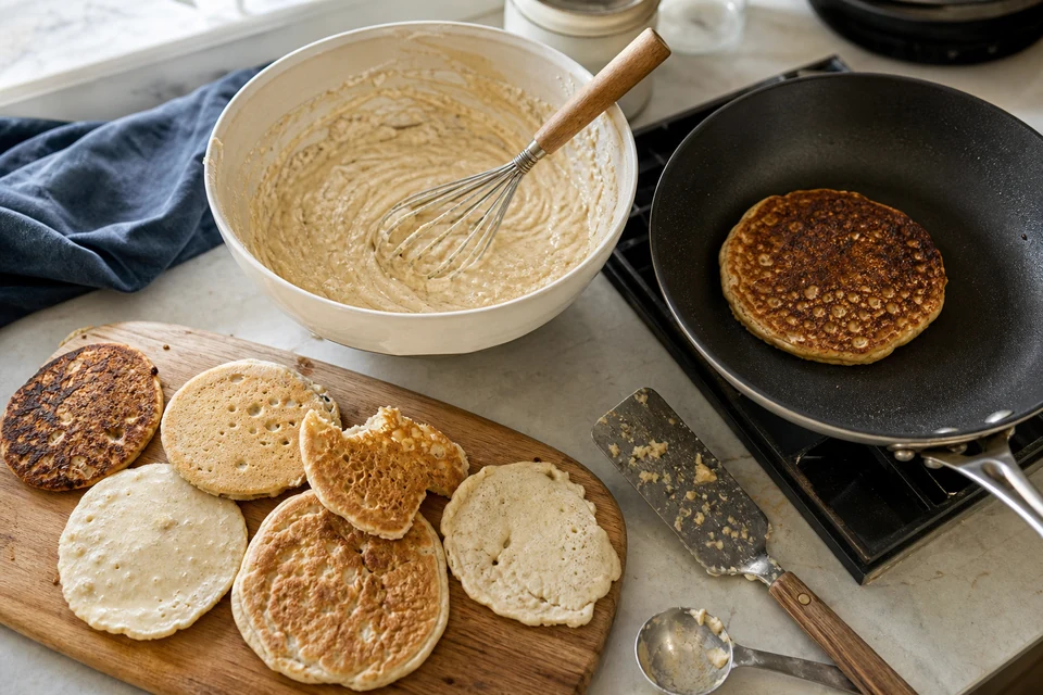 A real pancake-making setup with batter, pan, spatula and several visibly different failed pancakes.