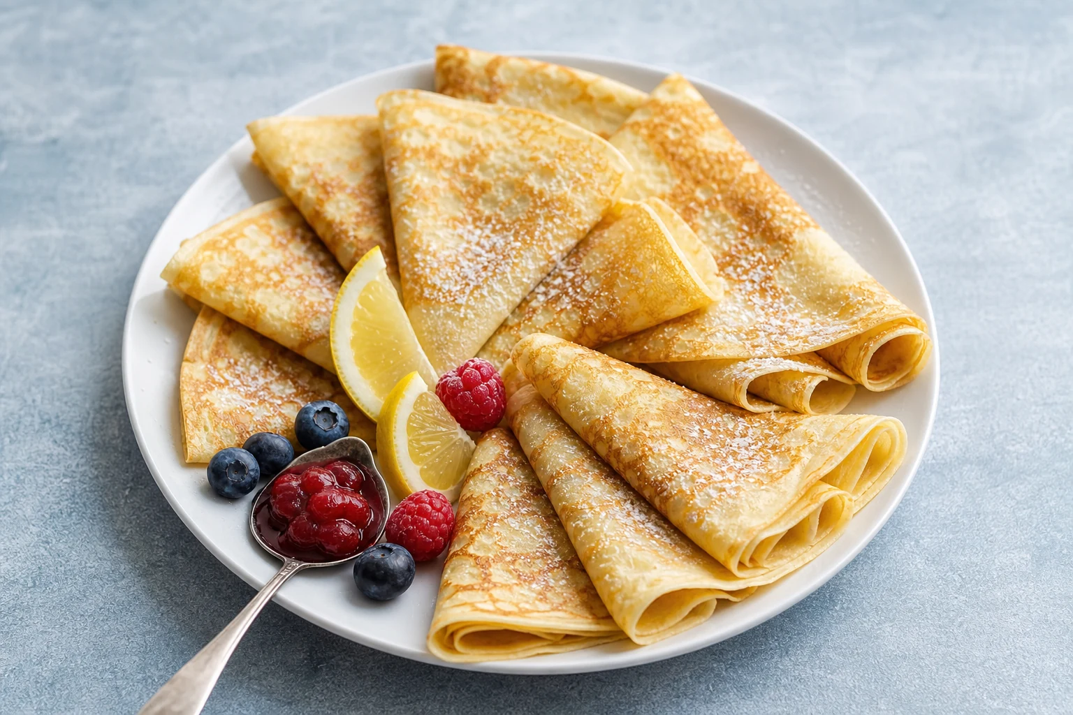 Finished thin vegan English pancakes folded with lemon, berries, and a light sugar dusting.