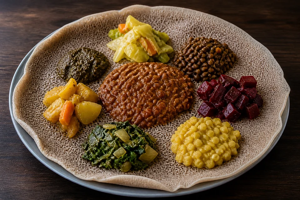 Finished injera spread with lentil and vegetable dishes.