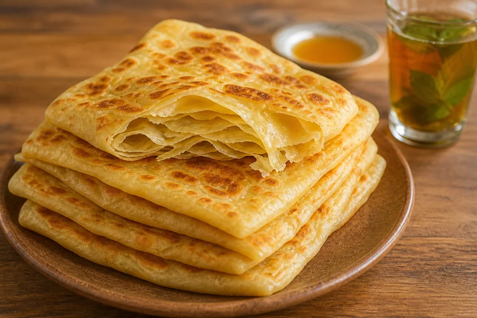 Stack of square golden msemen with one piece torn open to reveal thin flaky layers beside honey and mint tea.